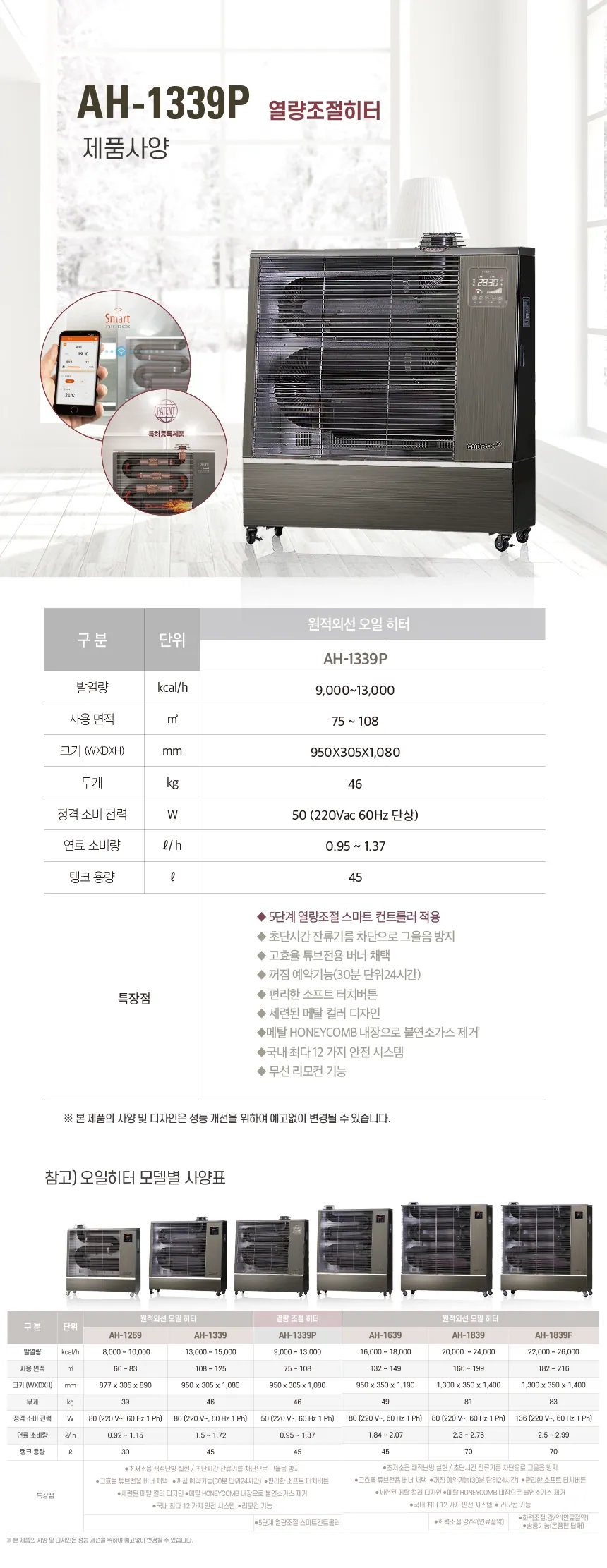 에어렉스 원적외선 석유 튜브히터 AH-1339P 33평형 상세 설명 1
