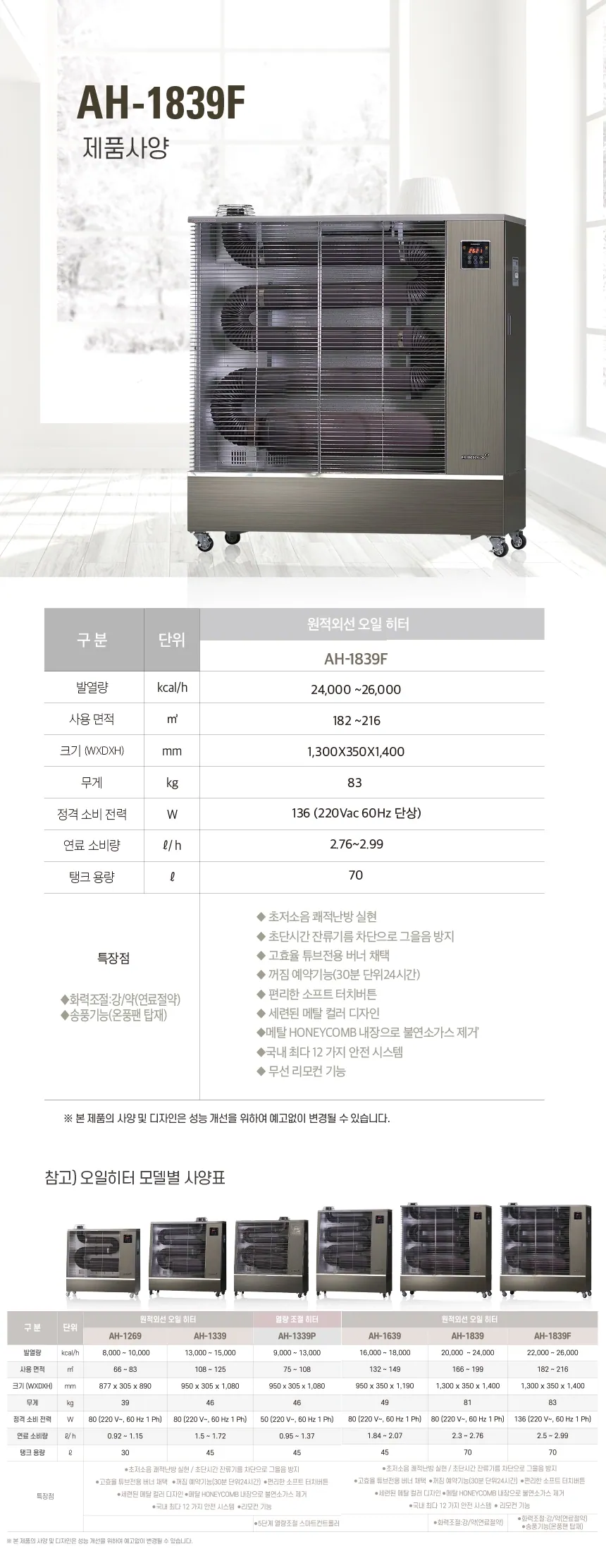 에어렉스 원적외선 석유 튜브히터 AH-1839F 65평형 상세 설명 1